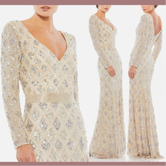 NWT $598 Mac Duggal [ 10 ] Geometric Embellished V Neck‎ Evening Gown Nude - Picture 1 of 7